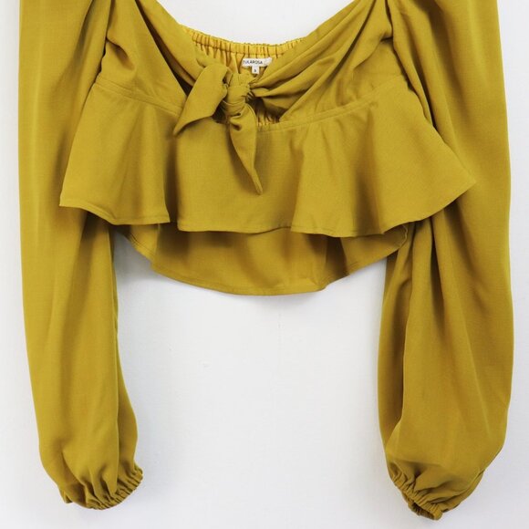 Tularosa Off Shoulder Long Sleeve Cutout Bow Front Peplum Crop Top Yellow Small - Picture 4 of 6